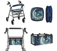 LACIYISON Blue Butterfly Moon Floral Print Rollator Walker Accessories Set Universal Fit Walker Seat and Backrest Cover, Large Capacity Storage Bag Fits Most Standard Rollators for Seniors