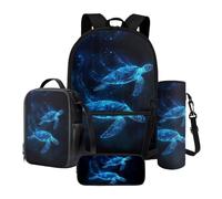 LACIYISON Blue Glitter Sea Turtle Print School Backpacks with Shoulder Bag for Lunch Water Bottle Carrier Bag and Pencil Box Lightweight Knapsack Waterproof Rucksack School Supplies