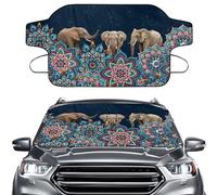 LACIYISON Boho Mandala Elephant Print Windshield Cover for Ice and Snow, Windshield Frost Cover with Elastic Strap, Windproof Double Strap Design Waterproof Car Windshield Snow Cover