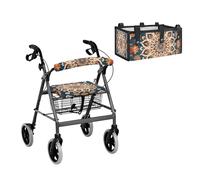 LACIYISON Boho Mandala Flower Print Universal Rollator Walker Accessories Set, Walker Seat and Backrest Cover, Large Capacity Under-Seat Storage Bag for Elderly