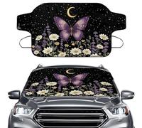 LACIYISON Butterfly Daisy Lavender Moon Print Car Windshield Cover for Snow and Ice, All Weather Car Windshield Snow Cover Waterproof Winter Hail Covers Protector with Straps