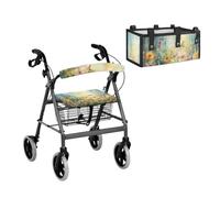 LACIYISON Butterfly Daisy Print 3-Piece Rollator Walker Set for Elderly, Comfortable Rollator Walker Seat and Backrest Cover, Removable Under-Seat Storage Bag