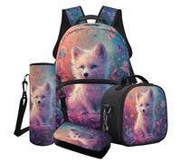 LACIYISON Butterfly Floral Fox Print Junior High School Backpack Sets 4 Pcs Bookbage with Lunch Box Water Bottle Carrier Bag Pencil Pouch Lightweight Satchel School Supplies