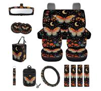 LACIYISON Butterfly Floral Moon Print Car Accessories Set of 15 Car Seat Covers Steering Wheel Covers Seatbelt Strap Cover Trash Bag Air Vent Storage Holder Rearview Mirror Cover Keychain Coaster