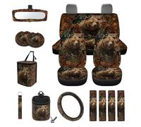 LACIYISON Camo Flag Bear Print Universal Fit Car Seat Cover Set Steering Wheel Covers Seatbelt Strap Pad Trash Cans Air Vent Storage Bag Rearview Mirror Cover Cup Holder Keychain, 15 PCS