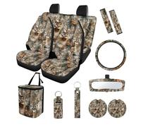 LACIYISON Camo Hunting Deer Print 13 Pieces Auto Accessories Set Includes 4 Car Seat Covers 1 Steering Wheel Cover 2 Seat Belt Pads 1 Car Trash Can 2 Cup Coaster 1 Rearview Mirror Cover 2 Keychains