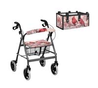 LACIYISON Cardinal Cherry Blossom Print Walker Accessories Set, Universal Rollator Walker Cushion Cover Backrest Protector, and Large Capacity Under-Seat Bag for Seniors
