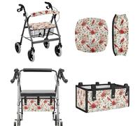 LACIYISON Cardinal Rose Print Walker Accessories Set, Universal Rollator Walker Cushion Cover Backrest Protector, and Large Capacity Under-Seat Bag for Seniors