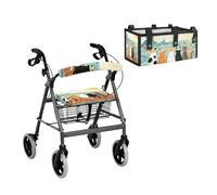 LACIYISON Cartoon Cat Wave Print Walker Seat & Backrest Covers with Storage Bag, 3 Pieces Universal Fit Walker Accessories Set for Standard Rollator