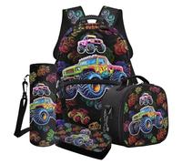 LACIYISON Colorful Monster Truck Print 4-in-1 School Bag Set Junior High School Backpack Sets Boys Rucksack for Teenage Secondary Primary Middle School Waterproof Knapsack