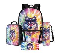 LACIYISON Colorful Tie Dye Wolf Print 4 Pcs Backpack with Side Pocket Waterproof Rucksack Primary Schoolbag with Lunch Bag Pencil Case and Water Bottle Carrier Bag Waterproof Daypack