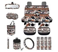 LACIYISON Cow Aztec Print 15 PCS Car Front Back Seat Covers Full Set, Steering Wheel Cover Air Vent Storage Holder Trash Cans Seatbelt Strap Pad Rearview Mirror Cover Cup Coasters Keychain