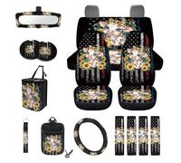 LACIYISON Cow Sunflower American Flag Print 15 Pack Car Seat Covers Set with Steering Wheel Cover Seatbelt Strap Cover Rearview Mirror Covers Cup Coasters Air Vent Storage Bag Trash Bag Key Chain