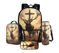 LACIYISON Cross Elk Bird Grass Print Boy School Backpack Set 4 in 1 Sports Rucksacks Lightweight Bookbag with Lunch Bag Pencil Case Water Bottle Sleeve Bookbag with Adjustable Strap