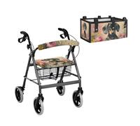 LACIYISON Dachshund Daisy Print Rollator Walker Accessories Set, Washable Walker Seat and Backrest Cover, Large Capacity Under-Seat Storage Bag for Seniors