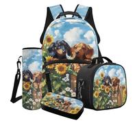 LACIYISON Dachshund Sunflower Daisy Wood Print Backpack Combo Set 4-in-1 Kids School Bookbag with Lunch Bag Pencil Pouch and Water Bottle Bag for Primary Elementary School Supplies