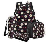 LACIYISON Daisy Heart Print Kids Backpack 4 Piece Set with Shoulder Bag for Lunch Water Bottle Carrier Bag and Pencil Pouch Satchel for Teenage