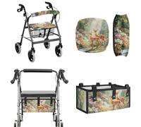 LACIYISON Deer Flower Butterfly Print Rollator Walker Accessories for Seniors, Walker Seat Cover and Backrest Cover, Large Capacity Under-Seat Storage Bag for Elderly