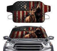 LACIYISON Deer Forest American Flag Print Car Windshield Cover for Ice and Snow, All-Seasons Windshield Sunshade Waterproof Windproof Car Frost Protector, Foldable Winter Car Accessories