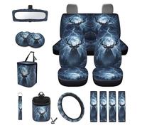 LACIYISON Deer Moon Lightning Print 15 PCS Car Front Back Seat Covers Set, Steering Wheel Cover Air Vent Storage Holder Trash Cans Seatbelt Strap Pad Rearview Mirror Cover Cup Coasters Keychain