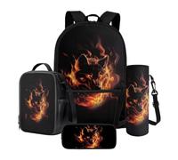 LACIYISON Fire Wolf Print 4 Pcs Backpack with Side Pocket Waterproof Rucksack Primary Schoolbag with Lunch Bag Pencil Case and Water Bottle Carrier Bag Waterproof Daypack