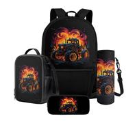 LACIYISON Flame Tractor Print 4 Pcs Backpack with Side Pocket Waterproof Rucksack Primary Schoolbag with Lunch Bag Pencil Case and Water Bottle Carrier Bag Waterproof Daypack