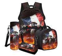 LACIYISON French Flag Fire Tractor Print School Backpacks with Shoulder Bag for Lunch Water Bottle Carrier Bag and Pencil Box Lightweight Knapsack Waterproof Rucksack School Supplies