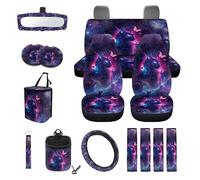 LACIYISON Galaxy Cat Butterfly Print 15 PCS Car Front Back Seat Covers Full Set, Steering Wheel Cover Trash Bag Seatbelt Strap Pad Air Vent Storage Bag Rearview Mirror Cover Coasters Key Chain