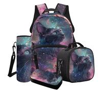 LACIYISON Galaxy Cat Glitter Print School Backpacks with Shoulder Bag for Lunch Water Bottle Carrier Bag and Pencil Box Lightweight Knapsack Waterproof Rucksack School Supplies
