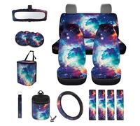 LACIYISON Galaxy Print Universal Fit Car Seat Cover Set Steering Wheel Covers Seat Belt Strap Cover Garbage Cans Air Vent Storage Holder Rear View Mirror Covers Coasters Key Chain, 15 Pack