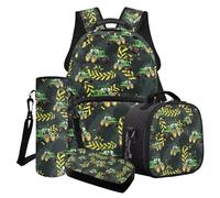 LACIYISON Green Tractor Yellow Geometry Print Backpack Set with Lunch Bag Water Bottle Bag Pencil Box School Bookbags Set for Boys Secondary Primary Middle School