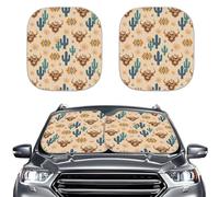 LACIYISON Highland Cattle Aztec Cactus Print Front Windshield Sunshade 2 Piece Foldable Reflective Fabric Windshield Shade Protect Your Vehicle Keep Cool for Truck SUV