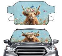 LACIYISON Highland Cattle Butterfly Rose Flower Print Windshield Cover for Ice and Snow, Car Windshield Snow Cover Waterproof UV Dust Resistant Winter Ice Sunshade Protector, Universal Fit SUV Sedan