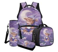 LACIYISON Lavender Daisy Highland Cattle Coffee Print Backpack for Kids School Rucksack with Lunch Bag Pencil Bag Water Bottle Sleeve Back to School Gift Waterproof Rucksack
