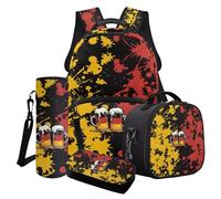LACIYISON Paint Splatter German Flag Beer Print Boy Backpack Child Satchel Kids Rucksacks Waterproof Boookbag Sets with Lunch Bag Pencil Box Water Bottle Carrier Bag