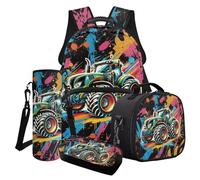 LACIYISON Paint Splatter Monster Truck Print Backpack for Kids School Rucksack with Lunch Bag Pencil Bag Water Bottle Sleeve Back to School Gift Waterproof Rucksack