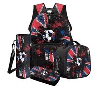 LACIYISON Paint Splatter Union Jack Football Print Backpacks 4 Pieces Set Bookbag for Teenage Boys Primary Secondary School Satche with Pencil Bag Water Bottle Sleeve Lunch Bag