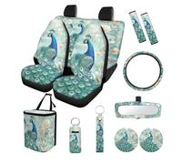 LACIYISON Peacock Floral Print 13 PCS Universal Car Accessories Set with Front and Rear Seat Covers Steering Wheel Cover Cup Coasters Trash Can Seatbelt Pads Rearview Mirror Cover Key Chains