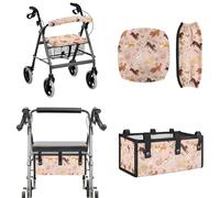LACIYISON Pink Cartoon Dogs Flower Print Rollator Walker Accessories Set for Seniors, Soft Walker Cushion Cover and Backrest Cover with Large Capacity Under-Seat Bag