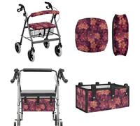 LACIYISON Pink Flower Print Rollator Walker Accessories Set for Elderly, Dustproof Walker Seat Cover & Backrest Cover, Easy to Install Under-Seat Storage Bag