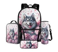 LACIYISON Pink Peony Flower Wolf Print 4-in-1 School Bag Set Junior High School Backpack Sets Boys Rucksack for Teenage Secondary Primary Middle School Waterproof Knapsack