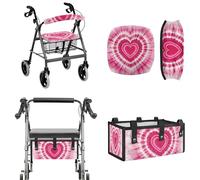 LACIYISON Pink Tie Dye Heart Print Rollator Walker Accessories Set, Breathable Walker Seat Cover Backrest Cover, Replacement Under-Seat Storage Bag for Elderly