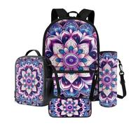 LACIYISON Purple Boho Mandala Print 4 Pcs Backpack with Side Pocket Waterproof Rucksack Primary Schoolbag with Lunch Bag Pencil Case and Water Bottle Carrier Bag Waterproof Daypack