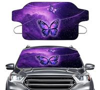 LACIYISON Purple Butterfly Galaxy Print Car Windshield Snow Cover, Windshield Cover for Ice and Snow, Windproof Sunshade Cover for Cars, Sedans and SUVs