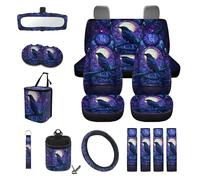 LACIYISON Raven Glass Print Car Front Back Seat Covers Set of 15 Steering Wheel Covers Trash Cans Air Vent Storage Bag Seatbelt Strap Cover Rear View Mirror Covers Cup Coasters Keychain
