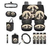 LACIYISON Raven Moon Print 15 PCS Car Front Back Seat Cover Full Set, Seat Belt Strap Pad Steering Wheel Covers Air Vent Storage Bag Cup Holder Rear View Mirror Cover Key Chain Auto Decor