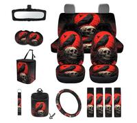 LACIYISON Raven Skull Moon Print 15 Pack Car Seat Covers Set with Steering Wheel Cover eat Belt Strap Pad Rear View Mirror Cover Air Vent Storage Bag Garbage Cans Cup Holder Keychain Car Decor