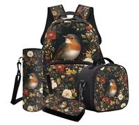 LACIYISON Robin Daisy Rose Floral Print 4-in-1 School Bag Set Junior High School Backpack Sets Girls Rucksack for Teenage Secondary Primary Middle School Waterproof Knapsack