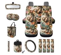 LACIYISON Sloth Floral Butterfly Print Car Accessories Set Car Seat Covers Steering Wheel Cover Seatbelt Strap Pad Trash Cans Air Vent Storage Bag Cup Holder Rearview Mirror Cover Key Chain, 15 Pack