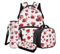 LACIYISON Strawberry Union Jack Spot Print 4-in-1 School Bag Set Junior High School Backpack Sets Boys Rucksack for Teenage Secondary Primary Middle School Waterproof Knapsack